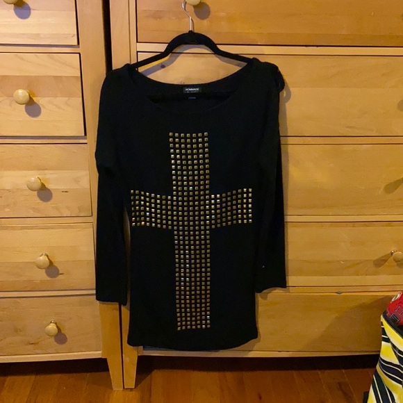 Black Long Sleeve Sweater Dress with Gold Cross Design - Picture 4 of 7